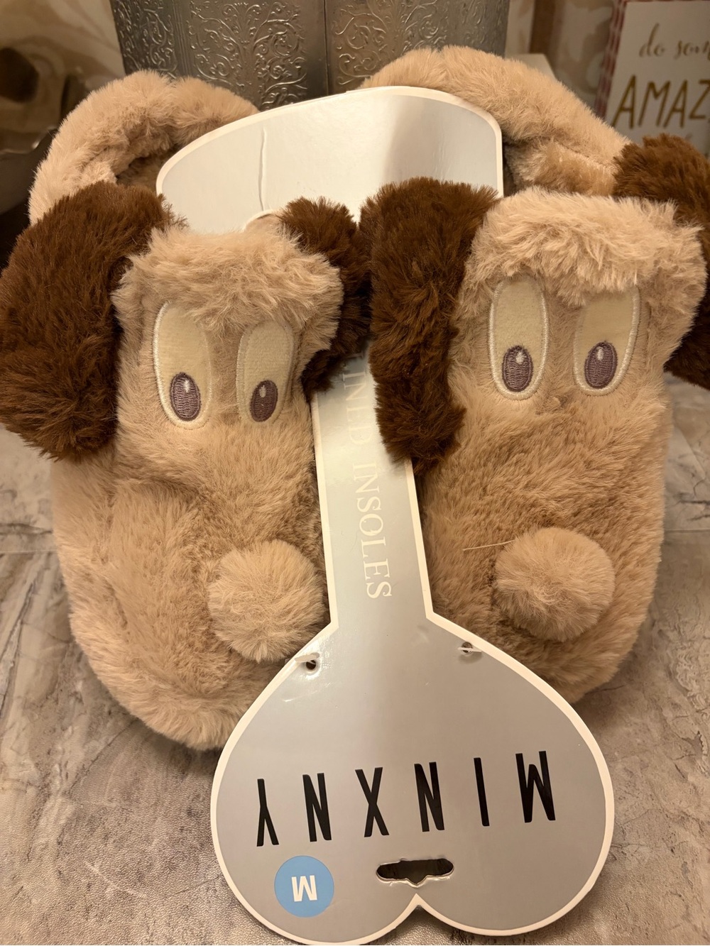 Plush Dog Slip-On Slippers for Women — Tan